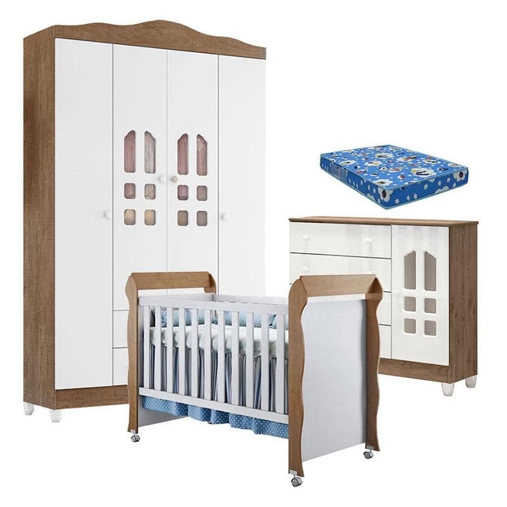 Quarto de Bebê New Selena 4 Portas com Cômoda Selena e Berço Mirelle Branco Acetinado Amadeirado e Colchão Ortobom – Carolina Móveis
