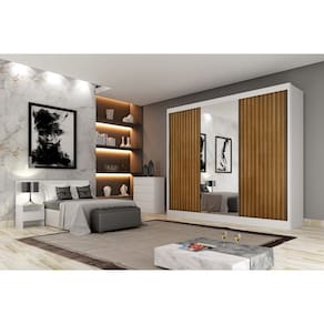 Guarda Roupa Casal Ripado com Espelho 3 Portas 6 Gavetas - Royale-Branco - Móveis Novo Horizonte