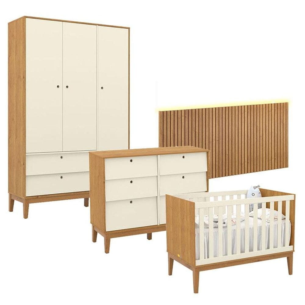 Quarto de Bebê Unique 3 Portas com Cômoda 6 Gavetas e Painel Ripado com Led Freijó Off White Eco Wood - Matic