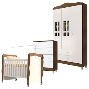 Quarto de Bebê 3 Portas com Gaveteiro Ariel e Berço New Nanda Branco Acetinado Amadeirado - Carolina