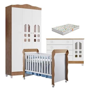 Quarto de Bebê New Selena 3 Portas com Cômoda Gran Selena e Berço Mirelle Branco Acetinado Amadeirado e Colchão Gazin – Carolina Móveis