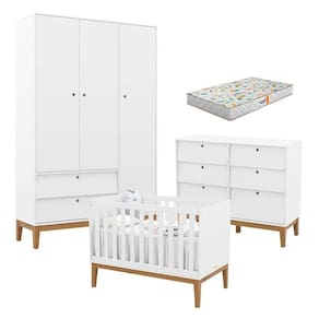 Quarto de Bebe Unique 3 Portas com Cômoda 6 Gavetas Branco Soft Eco Wood e Colchão Gazin - Matic
