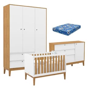 Quarto de Bebe Unique 3 Portas com Cômoda Sapateira Branco Soft Freijó Eco Wood e Colchão Ortobom - Matic