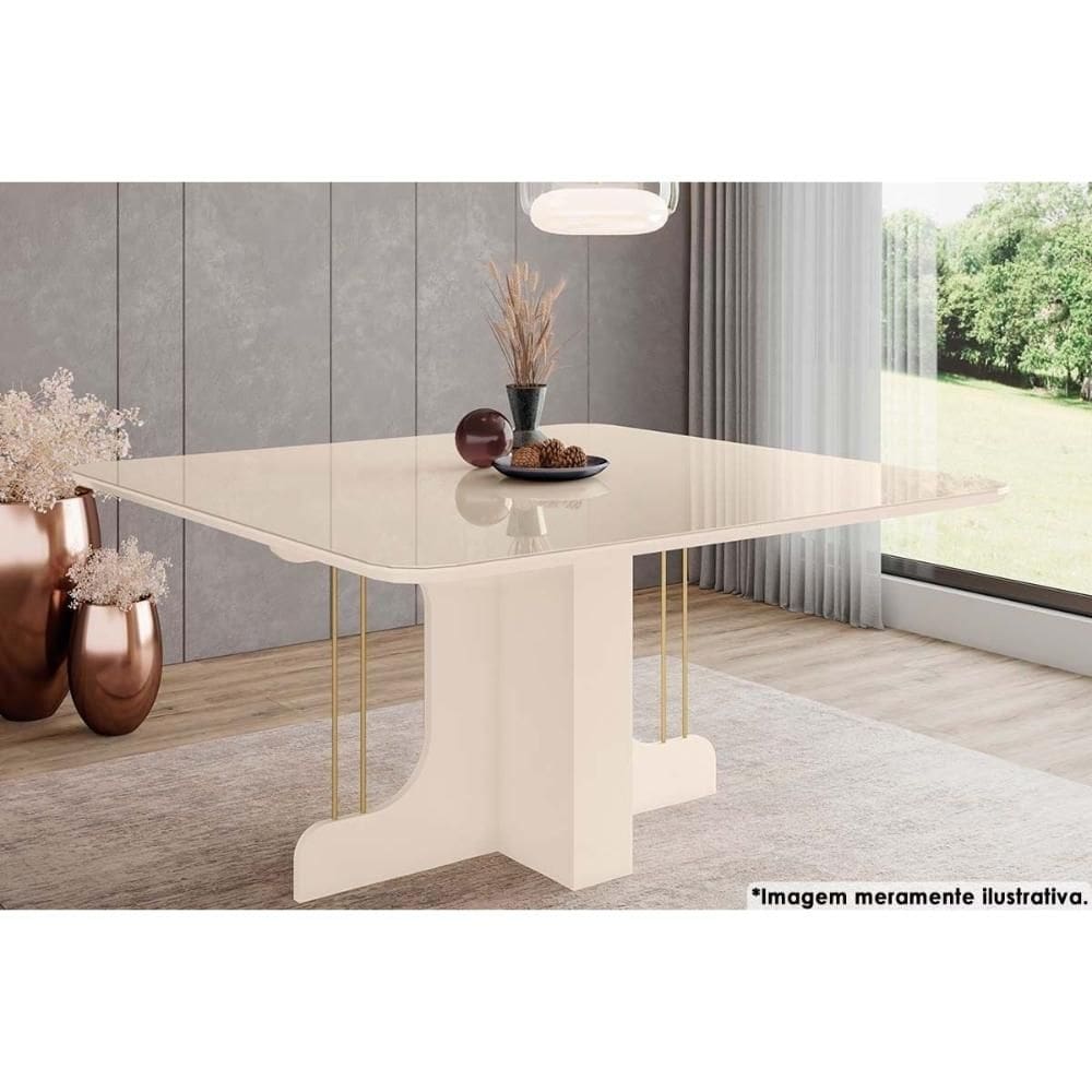 Mesa de Sala Jantar Mavi SC102 c/Tampo Madeirado Vidro Curvo 150x150cm Off White - Henn