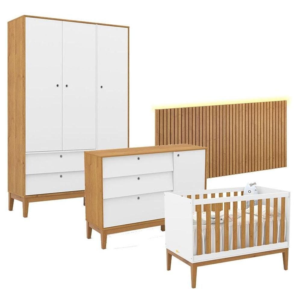 Quarto de Bebê Unique 3 Portas com Cômoda Sapateira e Painel Ripado com Led Branco Soft Freijó Eco Wood - Matic