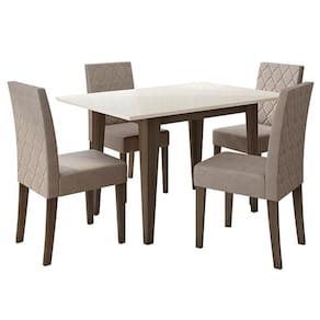 Mesa de Jantar 120cm Kate com Vidro Amêndoa Off White e 4 Cadeiras Jade Bordado Amêndoa Cappucino – Poliman
