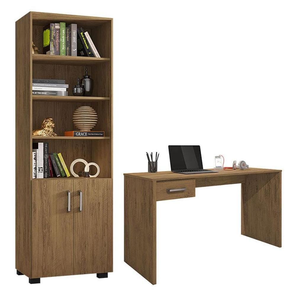 Mesa para Computador Gávea com Gaveta e Livreiro Office com Portas Pequenas Freijó - Móveis Leão