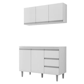 Balcão de Cozinha com Tampo 120 cm e Armário Aéreo Andréia Branco Brilho - AJL