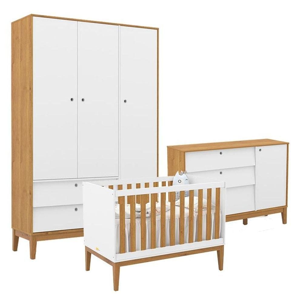 Quarto de Bebe Unique 3 Portas com Cômoda Sapateira Branco Soft Freijó Eco Wood - Matic