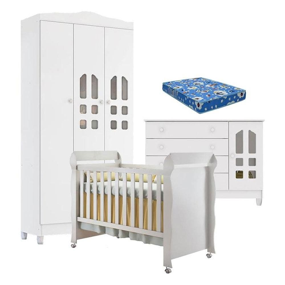 Quarto de Bebê New Selena 3 Portas com Cômoda Gran Selena e Berço Mirelle Branco Brilho e Colchão Ortobom – Carolina Móveis