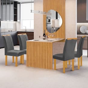 Mesa de Jantar 4 Lugares Bella Arizona com Vidro e Espelho Ripado Cinamomo/Off White/Boucle Cinza - Cel Móveis