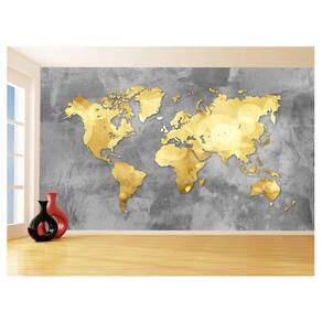 Papel De Parede 3D Mapa Mundi Concreto Dourado 3,5M Nmu43