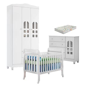 Quarto de Bebê New Selena 3 Portas com Berço Lila e Cômoda Selena Branco Brilho e Colchão Gazin – Carolina Móveis