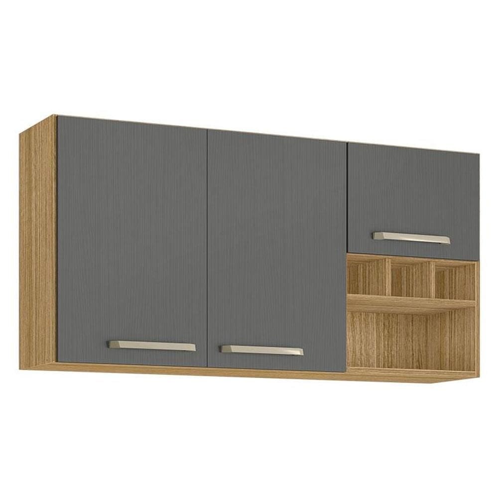 Armário Aéreo Ametista 3 Portas e 3 Garrafas 120 cm Freijó Gris - Kits Paraná