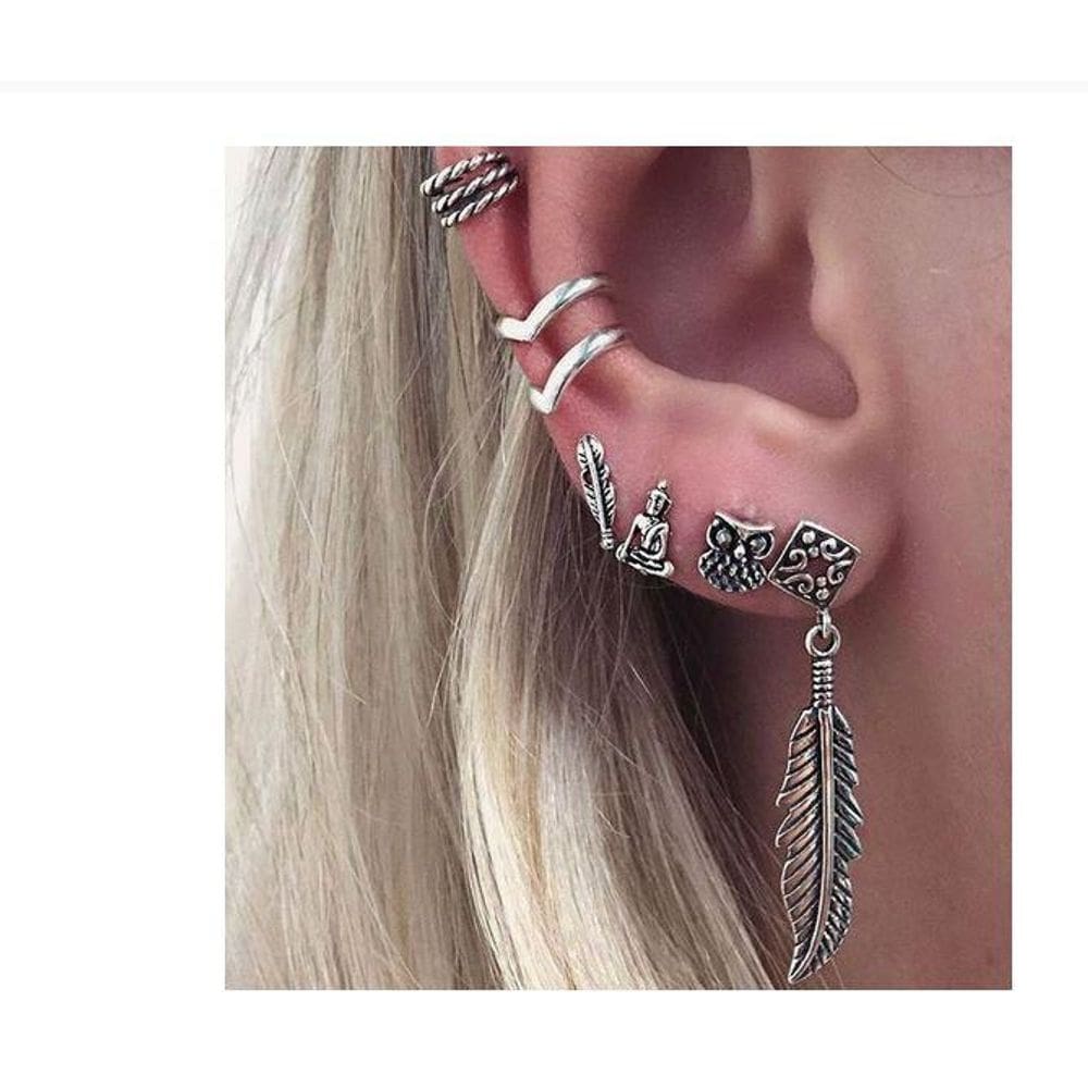 Kit 7 brincos piercing orelha vintage prateado 6 peças
