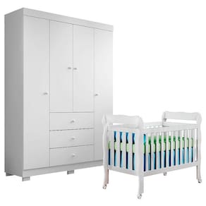 Berço Americano Lila com Guarda Roupa Duda 4 Portas Branco Brilho - Phoenix Baby