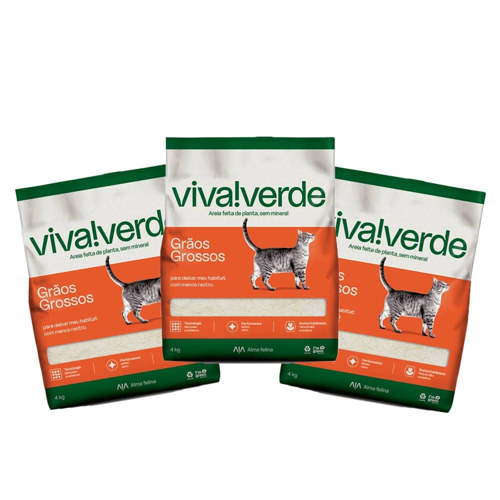 Kit 3 Areias Higiênicas Biodegradável Viva Verde Grãos Grossos para Gatos 4kg