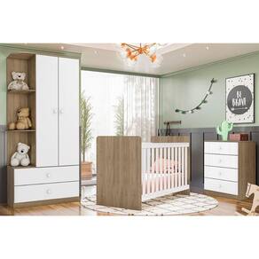 Quarto Infantil Completo Labirinto 3 Peças (1 Guarda Roupa + 1 Berço + 1 Cômoda) QI58 Rústico/Branco - Henn