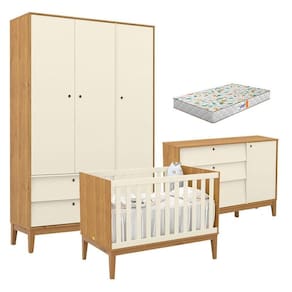 Quarto de Bebe Unique 3 Portas com Cômoda Sapateira Freijó Off White Eco Wood e Colchão Gazin - Matic