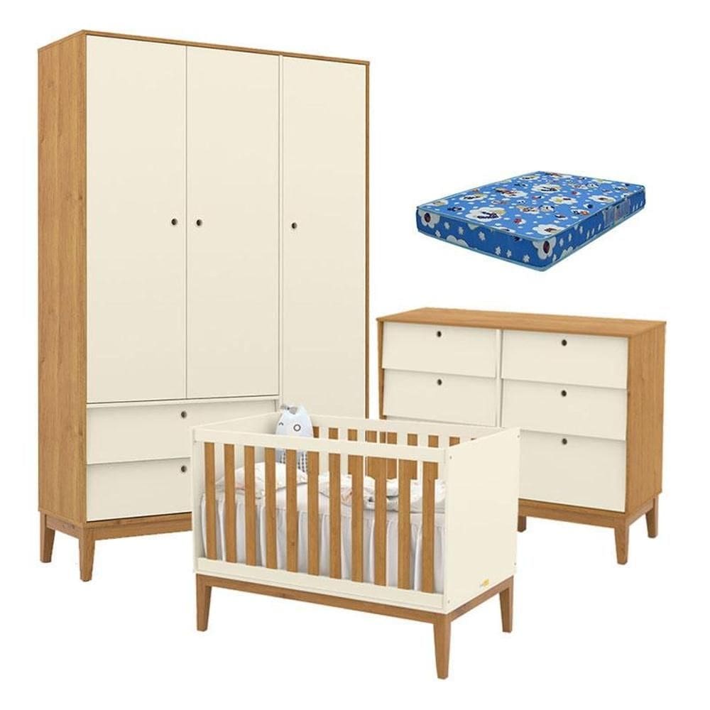 Quarto de Bebe Unique 3 Portas com Cômoda 6 Gavetas Off White Freijó Eco Wood e Colchão Ortobom - Matic
