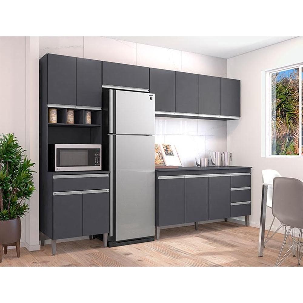 Cozinha com Balcão e Tampo 160 cm Andréia Ambiente Cinza Fosco - AJL