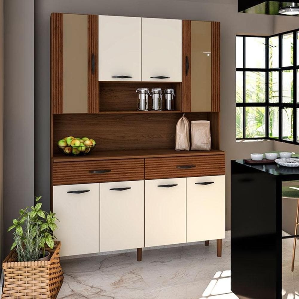 Kit Cozinha Ambiente Golden 8 Portas Nogueira Off White Ripado - Kits Paraná