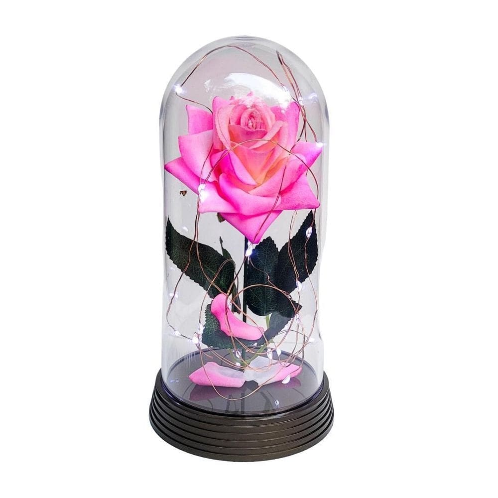 Luminária a rosa encantada rosa rosa 20 cm base ouro frio