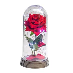 Luminária a rosa encantada vermelha 20 cm base ouro frio