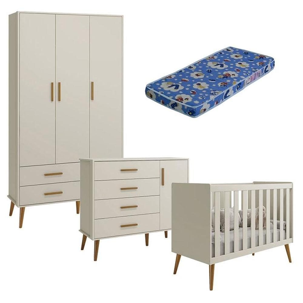 Quarto de Bebê Isis 3 Portas Areia Acetinado com Colchão Ortobom - Reller