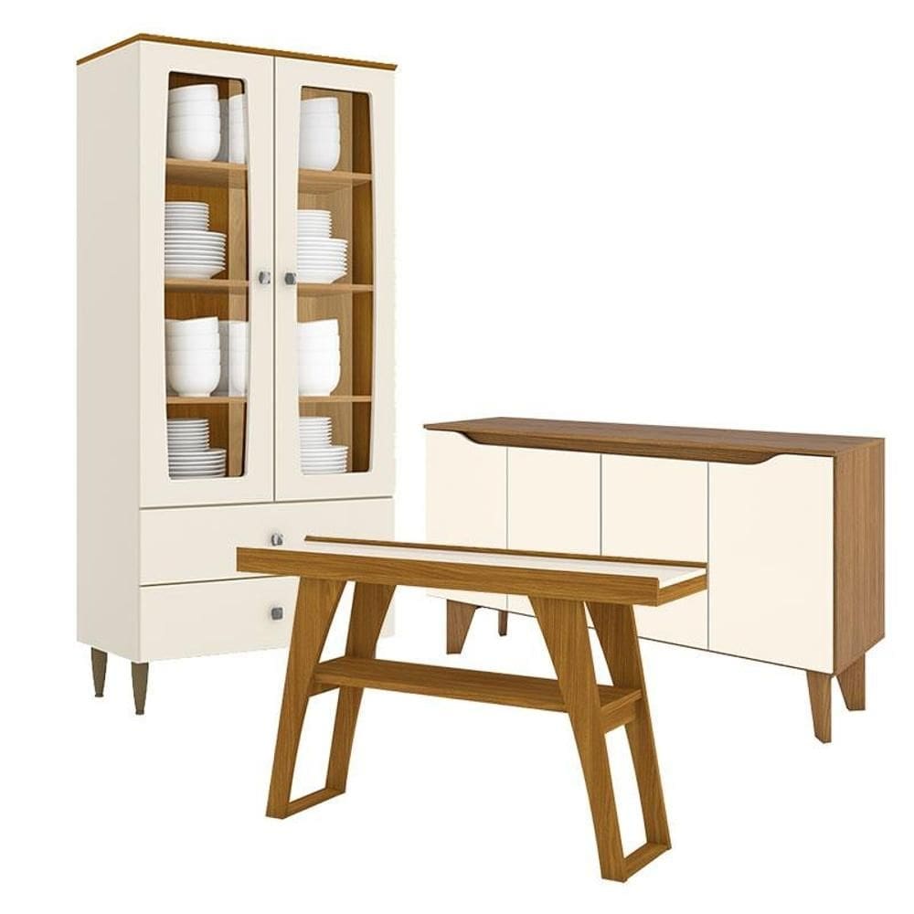 Cristaleira Liz com Buffet Quartzo e Aparador Menphis Off White Nature – Henn