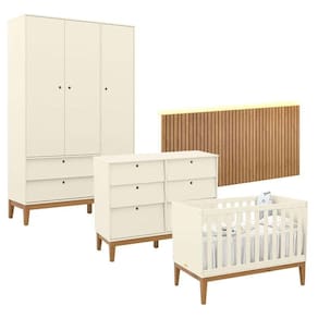 Quarto de Bebê Unique 3 Portas com Cômoda 6 Gavetas e Painel Ripado com Led Off White Eco Wood - Matic
