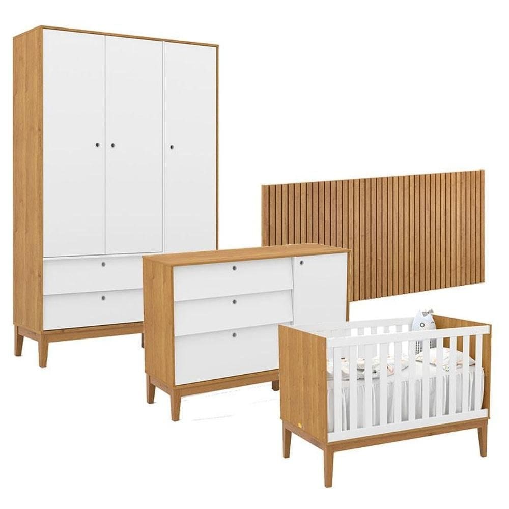 Quarto de Bebê Unique 3 Portas com Cômoda Sapateira e Painel Ripado Freijó Branco Soft Eco Wood - Matic