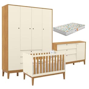 Quarto de Bebe Unique 4 Portas com Cômoda Sapateira Off White Freijó Eco Wood e Colchão Gazin - Matic