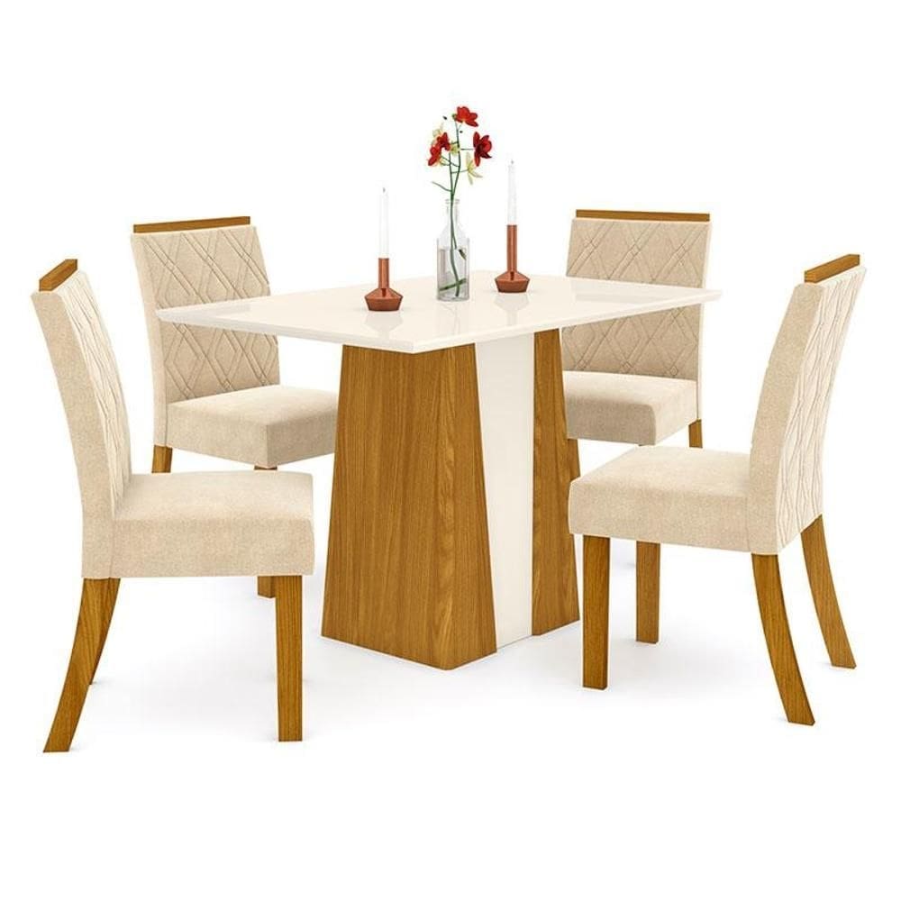 Mesa de Jantar Orus 120 cm Tampo Reto Nature Off White com 4 Cadeiras Vita Linho – Henn