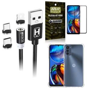 Kit capinha moto e32 + cabo magnético 2 metros + película