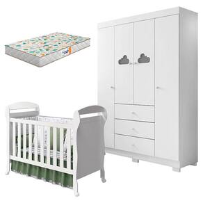 Berço Americano Danny e Guarda Roupa Infantil Ane Branco Brilho com Colchão Gazin – Phoenix Baby