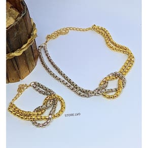 Kit Conjunto Colar e Pulseira Corrente Elo Duplo Veneziana Mix Nó Folheado Ouro com Prata Luxo Moda Tendência Presente