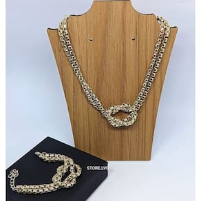 Kit Conjunto Colar e Pulseira Corrente Elo Duplo Veneziana Mix Nó Folheado Ouro com Prata Luxo Moda Tendência Presente