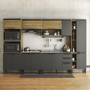 Cozinha Modulada 6 Peças 2 Aéreos 2 Balcões 1 Paneleiro e 1 Torre Quente Magnólia Mel/Grafite