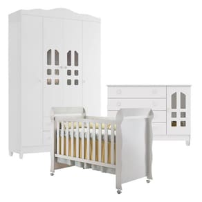 Quarto de Bebê New Selena 4 Portas com Cômoda Gran Selena e Berço Mirelle Branco Brilho – Carolina Móveis
