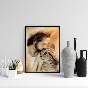 Quadro Jesus Acolhendo Gatinho 45X34Cm - Com Vidro