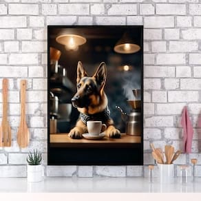 Quadro Pastor Alemão Tomando Café 45X34Cm - Com Vidro