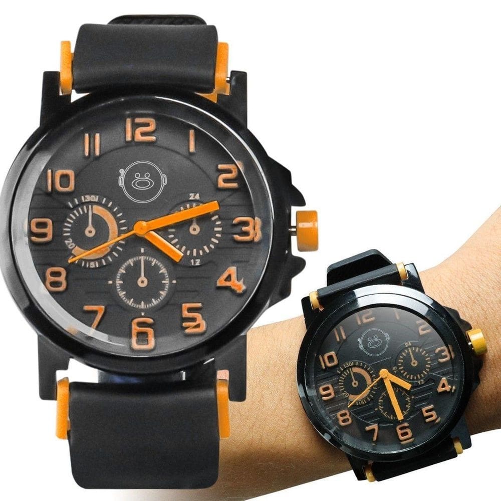 Relogio Aço Inox Preto Qualidade Premium Silicone Laranja