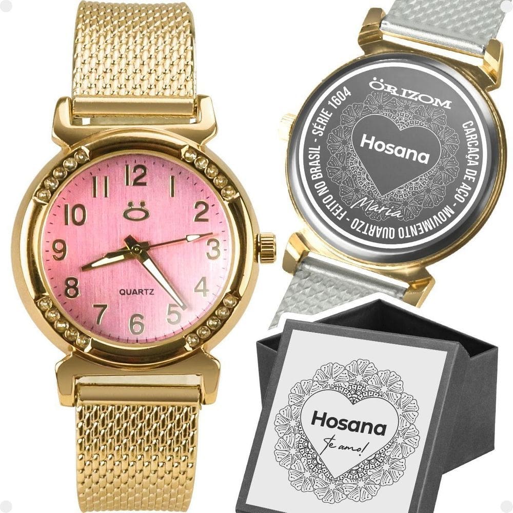 Relogio Feminino Banhado Aço Inox Silicone Dourado + Caixa