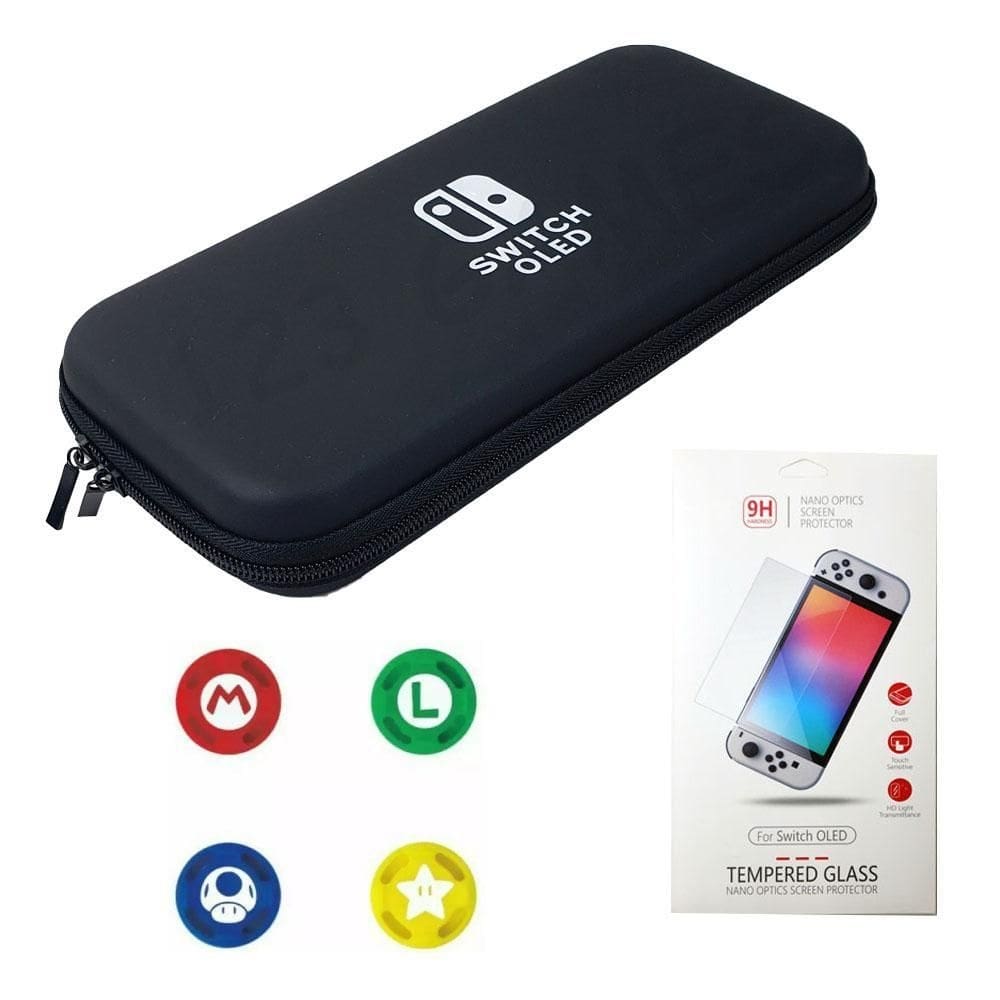 Case Nintendo Switch Oled Preto + 4 Grips + Película Vidro