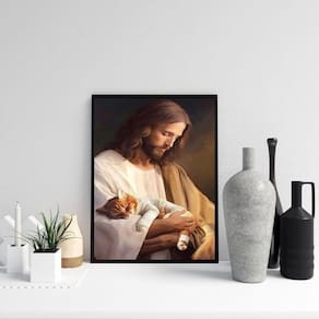 Quadro Jesus Cuidando De Gatinho 24X18Cm