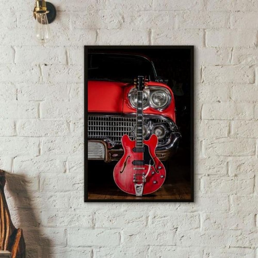 Quadro Guitarra E Carro Antigo Vermelhos 33X24Cm - Com Vidro