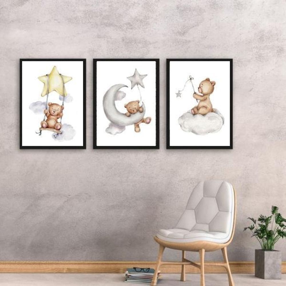 Kit 3 Quadros Quarto De Bebê Ursinhos 45X34Cm - Com Vidro