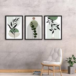 Kit 3 Quadros Estilo Boho Folhas Verdes 33X24Cm - Com Vidro
