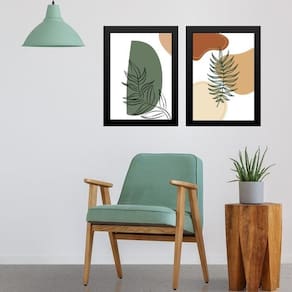 Kit 2 Quadros Estilo Boho Folhas Verdes 45X34Cm - Com Vidro